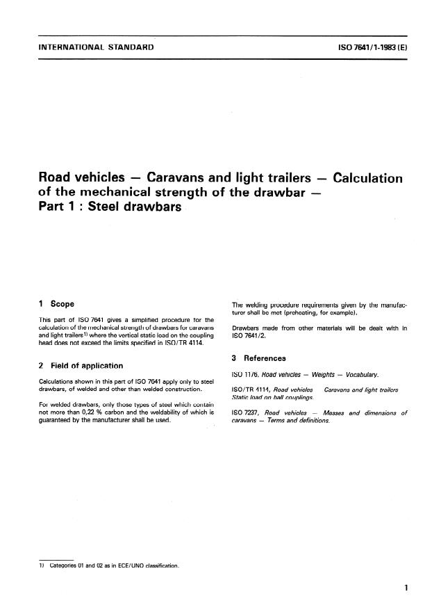 ISO 7641-1:1983 - Road vehicles -- Caravans and light trailers -- Calculation of the mechanical strength  of the drawbar