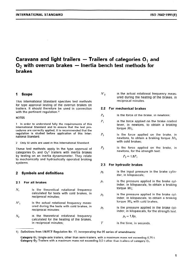ISO 7642:1991 - Caravans and light trailers -- Trailers of categories 01 and 02 with overrun brakes -- Inertia bench test methods for brakes