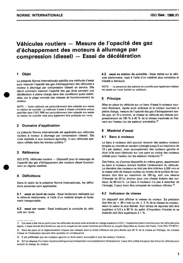 ISO 7644:1988 - Véhicules routiers -- Mesure de l'opacité des gaz d'échappement des moteurs a allumage par comnpression (diesel) -- Essai de décélération