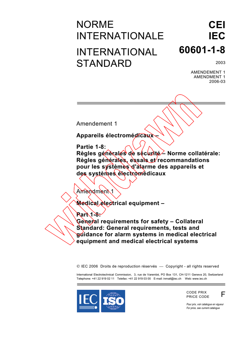 IEC 60601-1-8:2003/AMD1:2006 - Amendment 1 - Medical electrical equipment - Part 1-8: General requirements for safety - Collateral Standard: General requirements, tests and guidance for alarm systems in medical electrical equipment and medical electrical systems
Released:3/8/2006
Isbn:2831885434