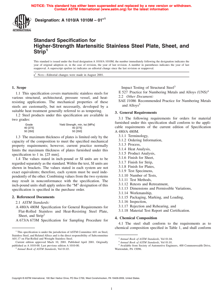 ASTM A1010/A1010M-01e1 - Standard Specification for Higher-Strength Martensitic Stainless Steel Plate, Sheet , and Strip