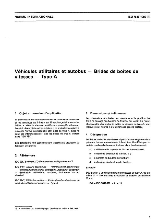 ISO 7646:1986 - Véhicules utilitaires et autobus -- Brides de boîtes de vitesses -- Type A