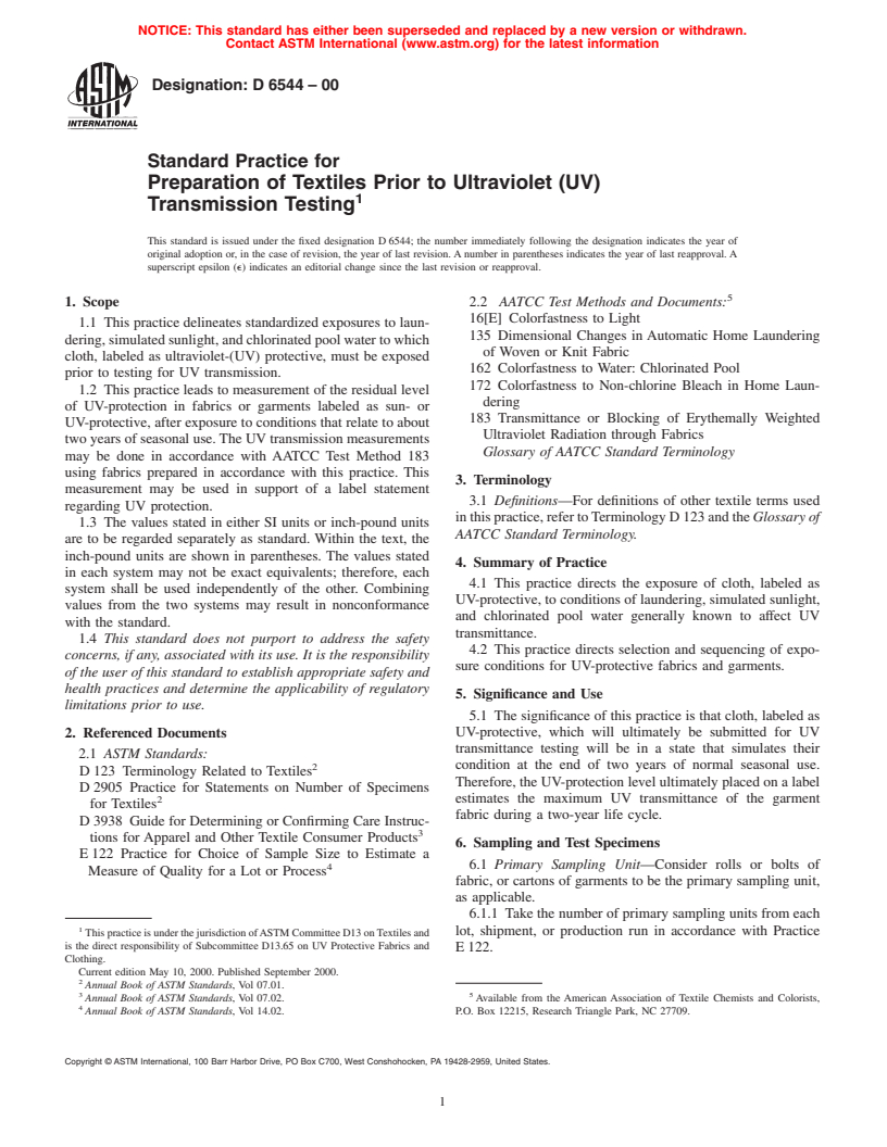 ASTM D6544-00 - Standard Practice for Preparation of Textiles Prior to Ultraviolet (UV) Transmission Testing