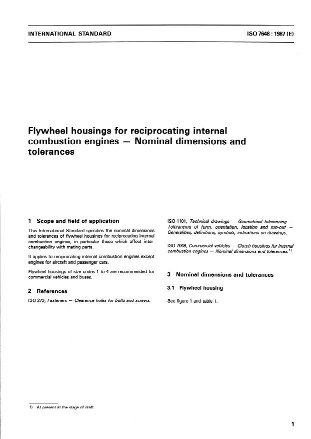 ISO 7648:1987 - Flywheel housings for reciprocating internal combustion engines -- Nominal dimensions and tolerances