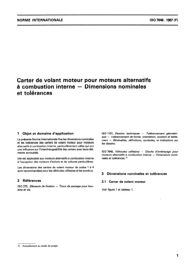 ISO 7648:1987 - Carter de volant moteur pour moteurs alternatifs a combustion interne -- Dimensions nominales et tolérances