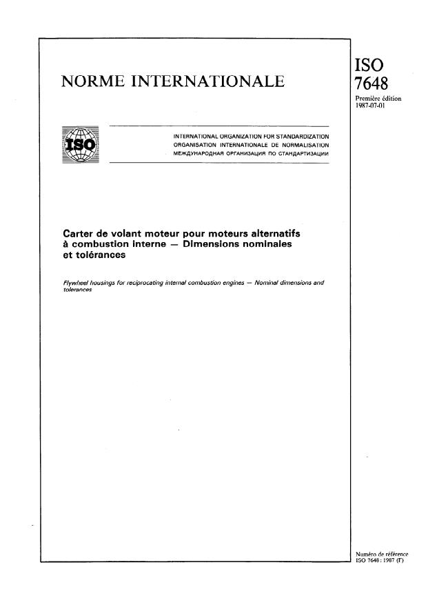 ISO 7648:1987 - Carter de volant moteur pour moteurs alternatifs a combustion interne -- Dimensions nominales et tolérances