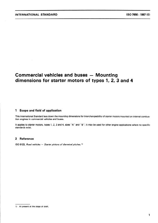 ISO 7650:1987 - Commercial vehicles and buses -- Mounting dimensions for starter motors of types 1, 2, 3 and 4