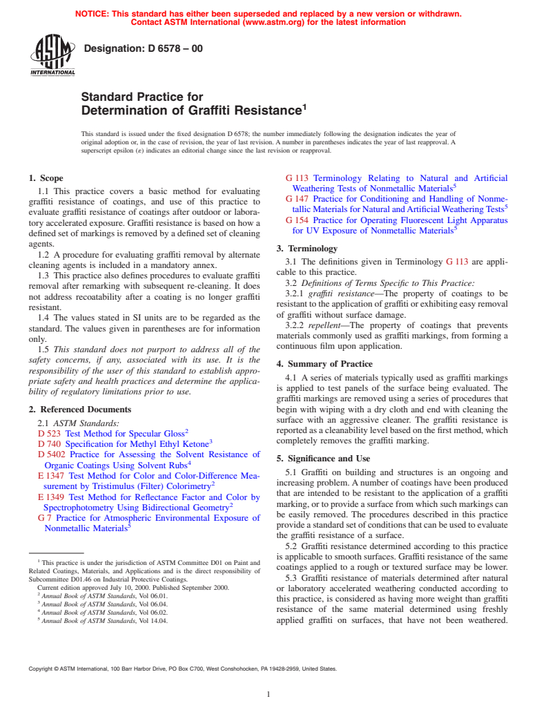 ASTM D6578-00 - Standard Practice for Determination of Graffiti Resistance