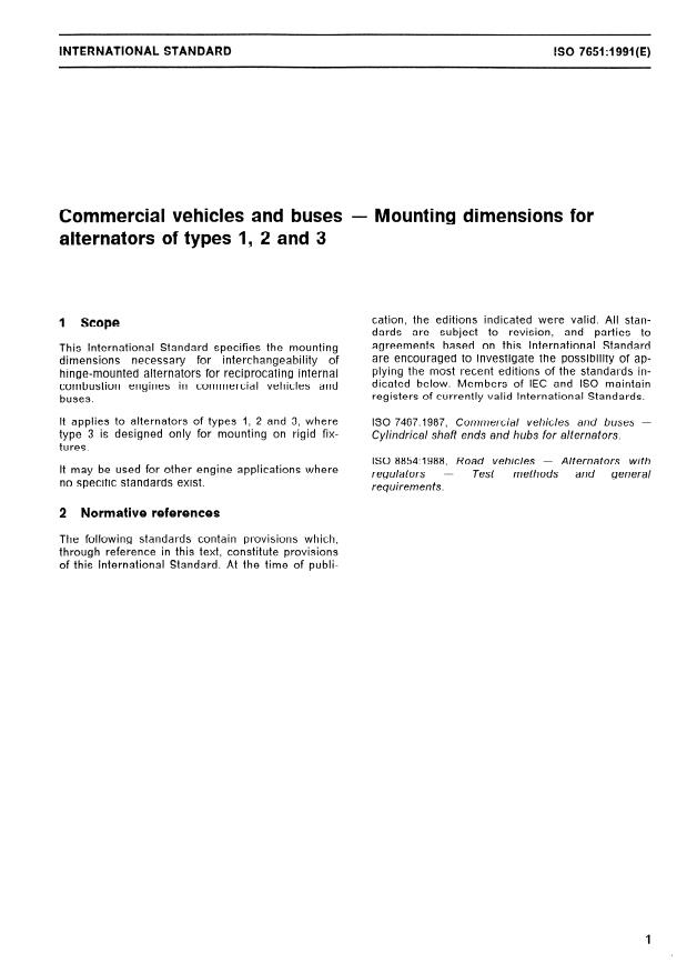 ISO 7651:1991 - Commercial vehicles and buses -- Mounting dimensions for alternators of types 1, 2 and 3