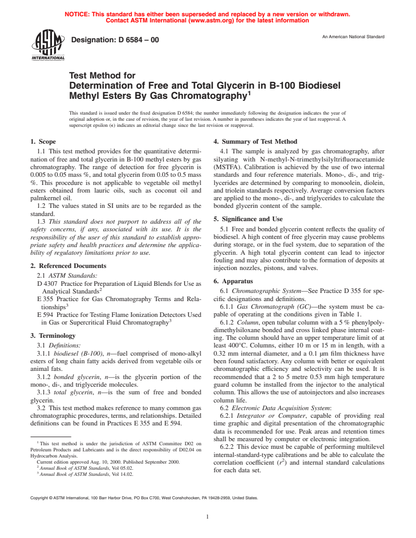 ASTM D6584-00 - Test Method for Determination of Free and Total Glycerine in B-100 Biodiesel Methyl Esters by Gas Chromatography