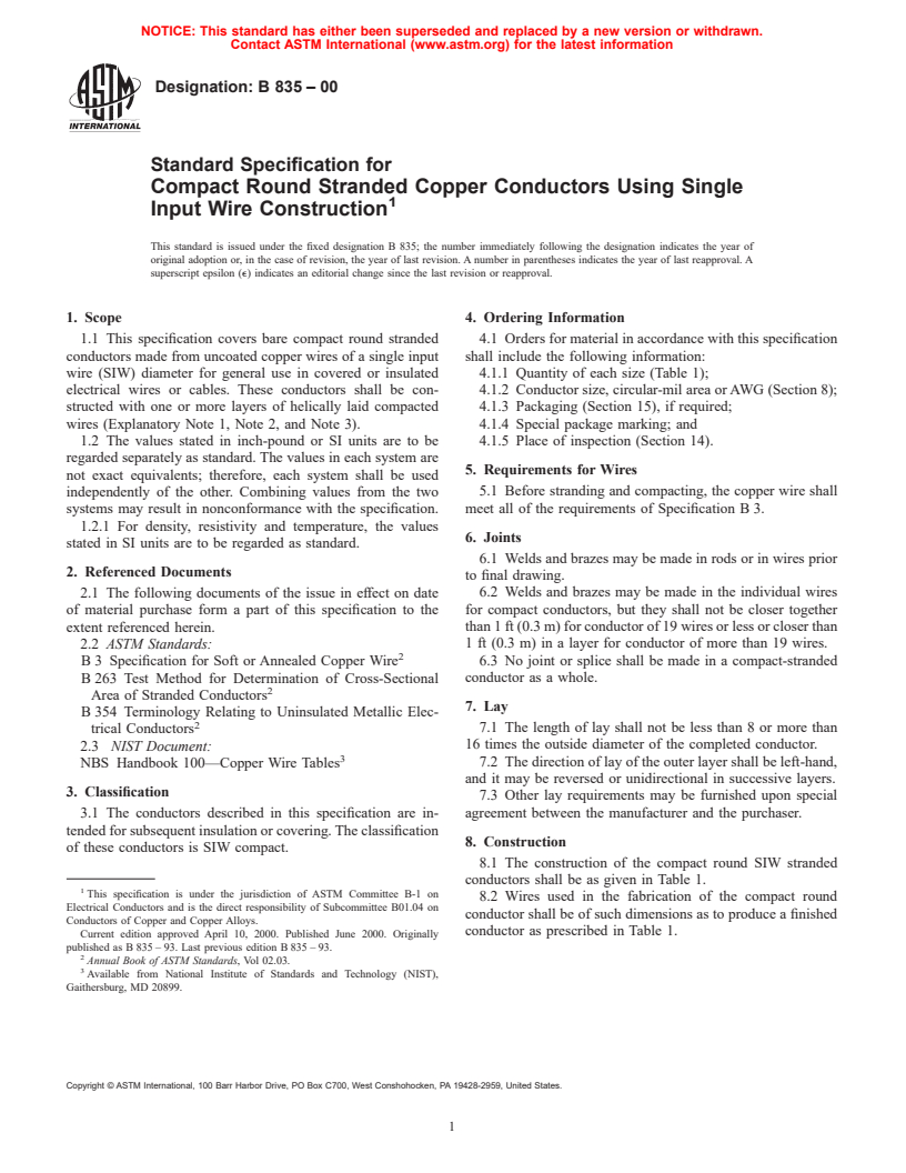 ASTM B835-00 - Standard Specification for Compact Round Stranded Copper Conductors Using Single Input Wire Construction