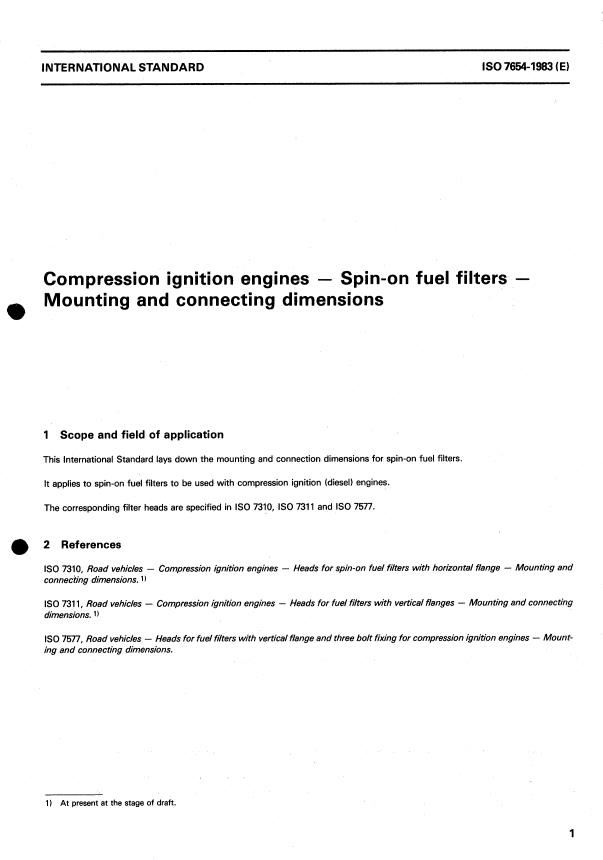 ISO 7654:1983 - Compression ignition engines -- Spin-on fuel filters -- Mounting and connecting dimensions