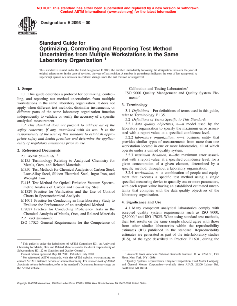 ASTM E2093-00 - Standard Guide for Optimizing, Controlling and Reporting Test Method Uncertainties from Multiple Workstations in the Same Laboratory Organization