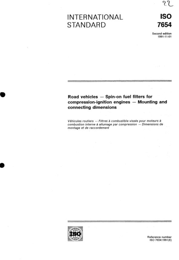 ISO 7654:1991 - Road vehicles -- Spin-on fuel filters for compression-ignition engines -- Mounting and connecting dimensions