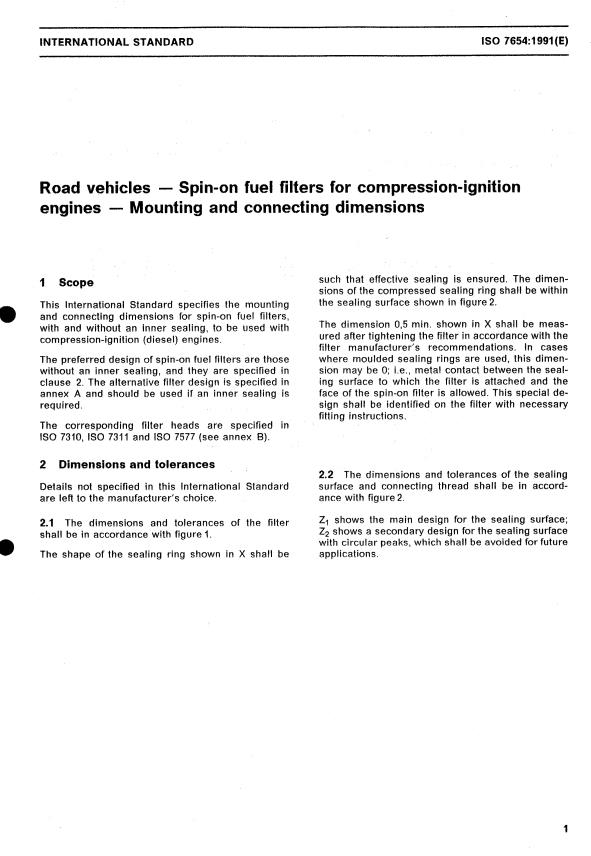 ISO 7654:1991 - Road vehicles -- Spin-on fuel filters for compression-ignition engines -- Mounting and connecting dimensions