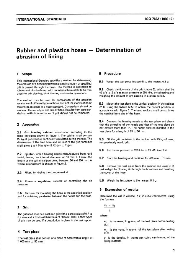 ISO 7662:1988 - Rubber and plastics hoses -- Determination of abrasion of lining
