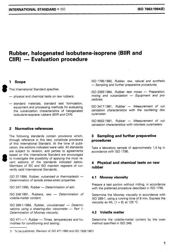 ISO 7663:1994 - Rubber, halogenated isobutene-isoprene (BIIR and CIIR) -- Evaluation procedure