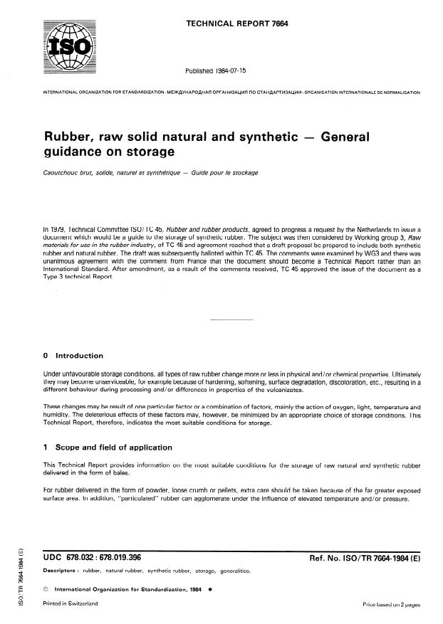 ISO/TR 7664:1984 - Rubber, raw solid natural and synthetic -- General guidance on storage