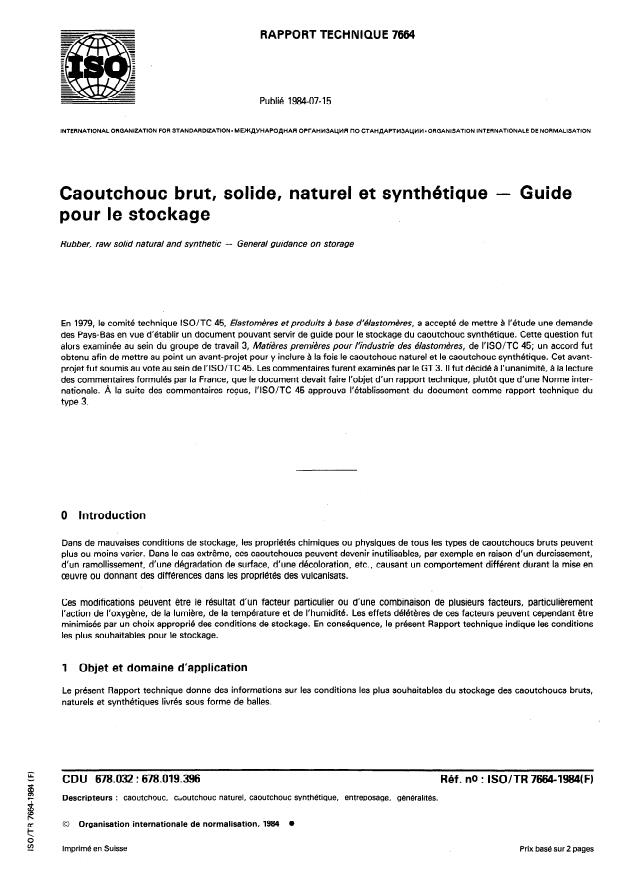 ISO/TR 7664:1984 - Caoutchouc brut, solide, naturel et synthétique -- Guide pour le stockage