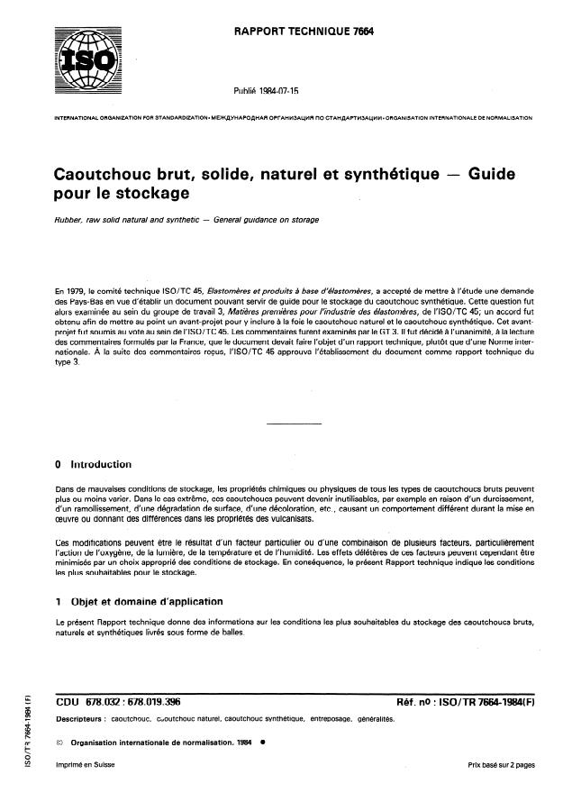 ISO/TR 7664:1984 - Caoutchouc brut, solide, naturel et synthétique -- Guide pour le stockage