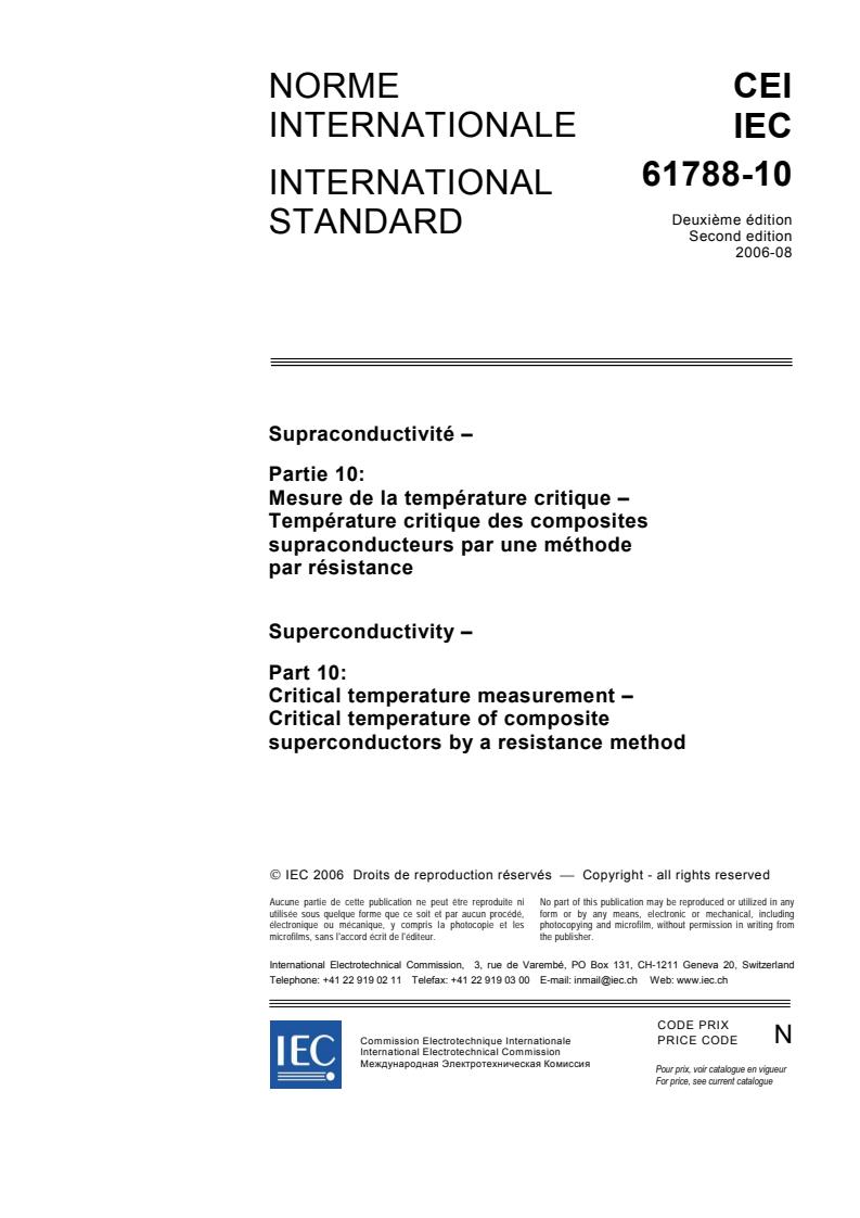 IEC 61788-10:2006 - Superconductivity - Part 10: Critical temperature measurement - Critical temperature of composite superconductors by a resistance method