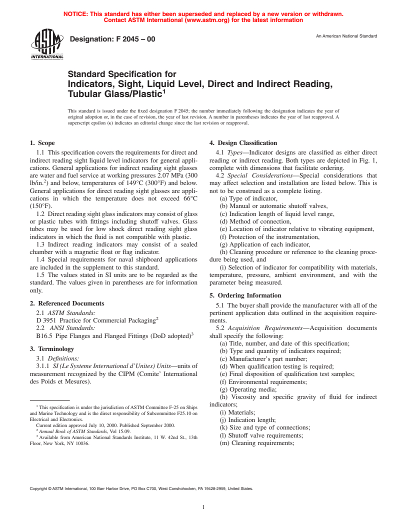 ASTM F2045-00 - Standard Specification for Indicators, Sight, Liquid Level, Direct and Indirect Reading, Tubular Glass/Plastic