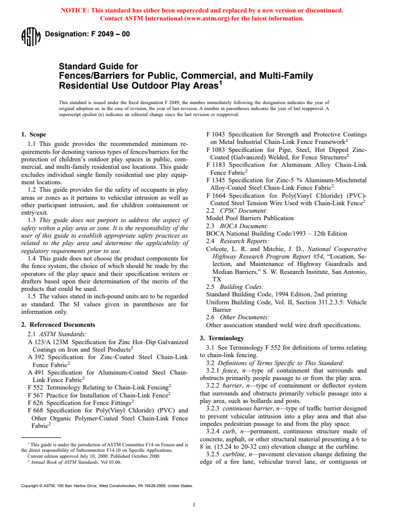 ASTM F2049-00 - Standard Guide for Fences/Barriers for Public, Commercial, and Multi-Family Residential Use Outdoor Play Areas