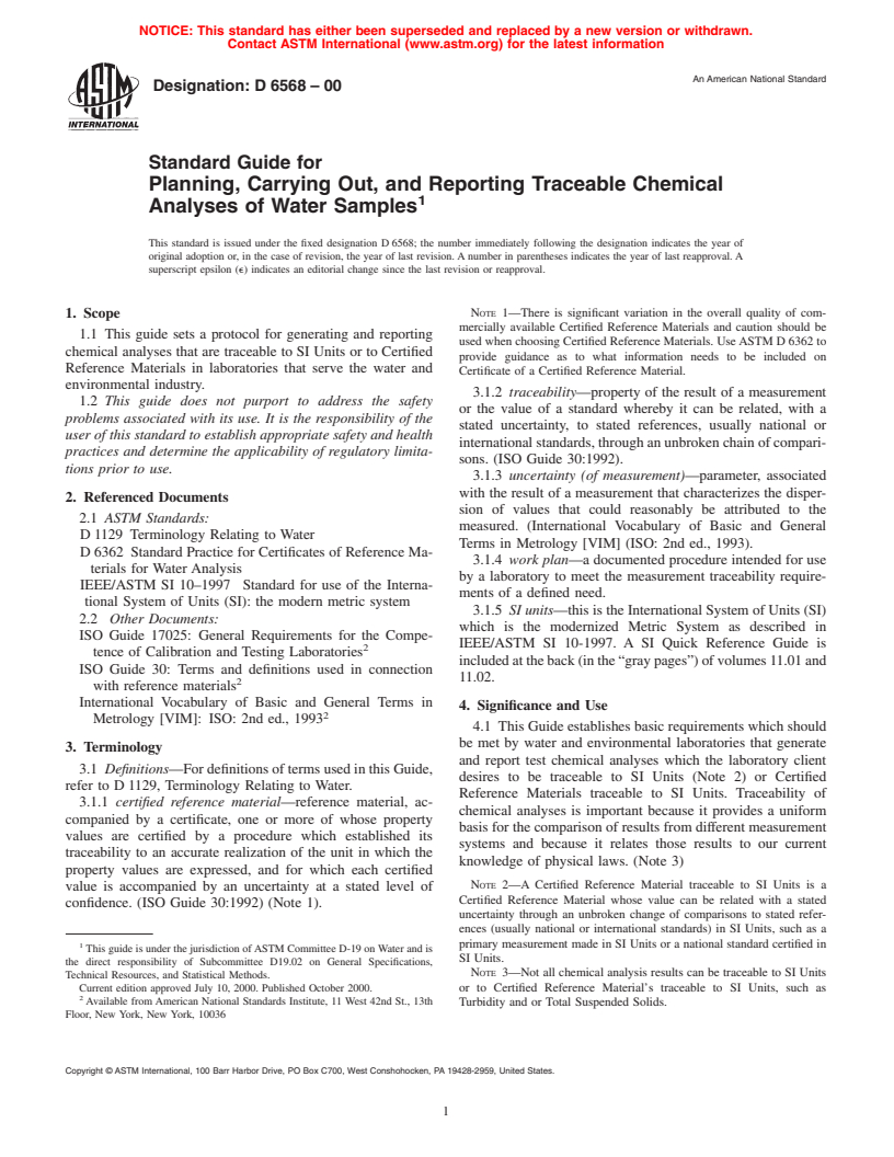 ASTM D6568-00 - Standard Guide for Planning, Carrying Out, and Reporting Traceable Chemical Analyses of Water Samples