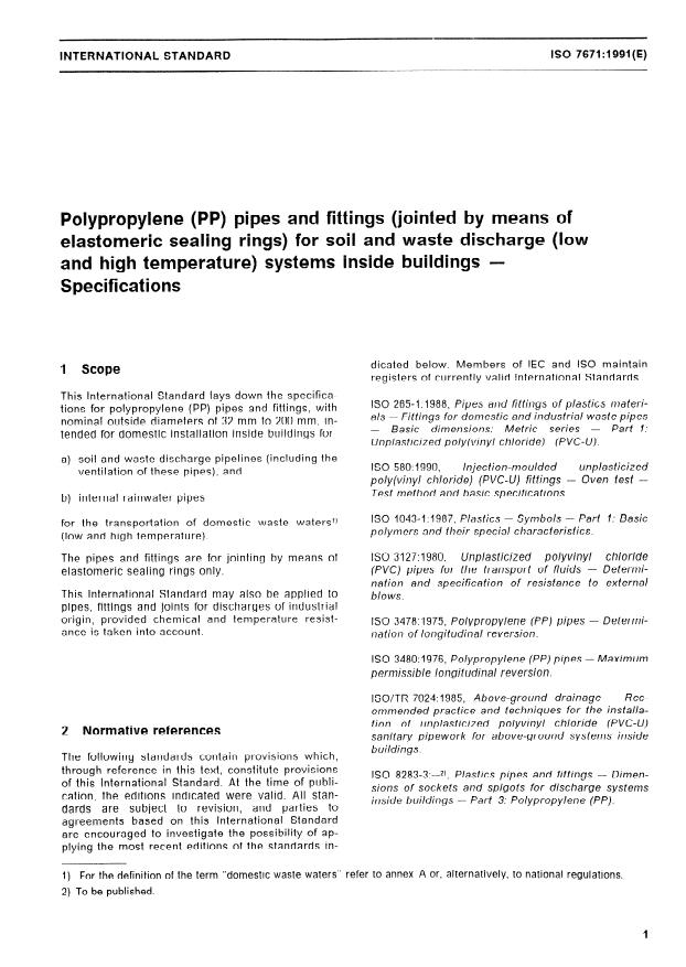 ISO 7671:1991 - Polypropylene (PP) pipes and fittings (jointed by means of elastomeric sealing rings) for soil and waste discharge (low and high temperature) systems inside buildings -- Specifications