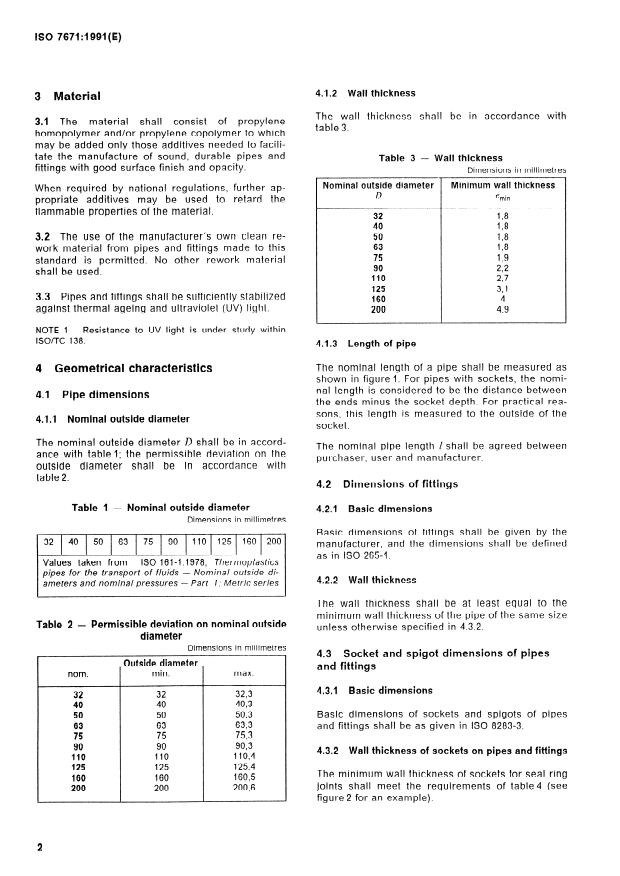 ISO 7671:1991 ISO 7671:1991 - Polypropylene (PP) pipes and fittings (jointed by means of elastomeric sealing rings) for soil and waste discharge (low and high temperature) systems inside buildings -- Specifications - Page 4 preview