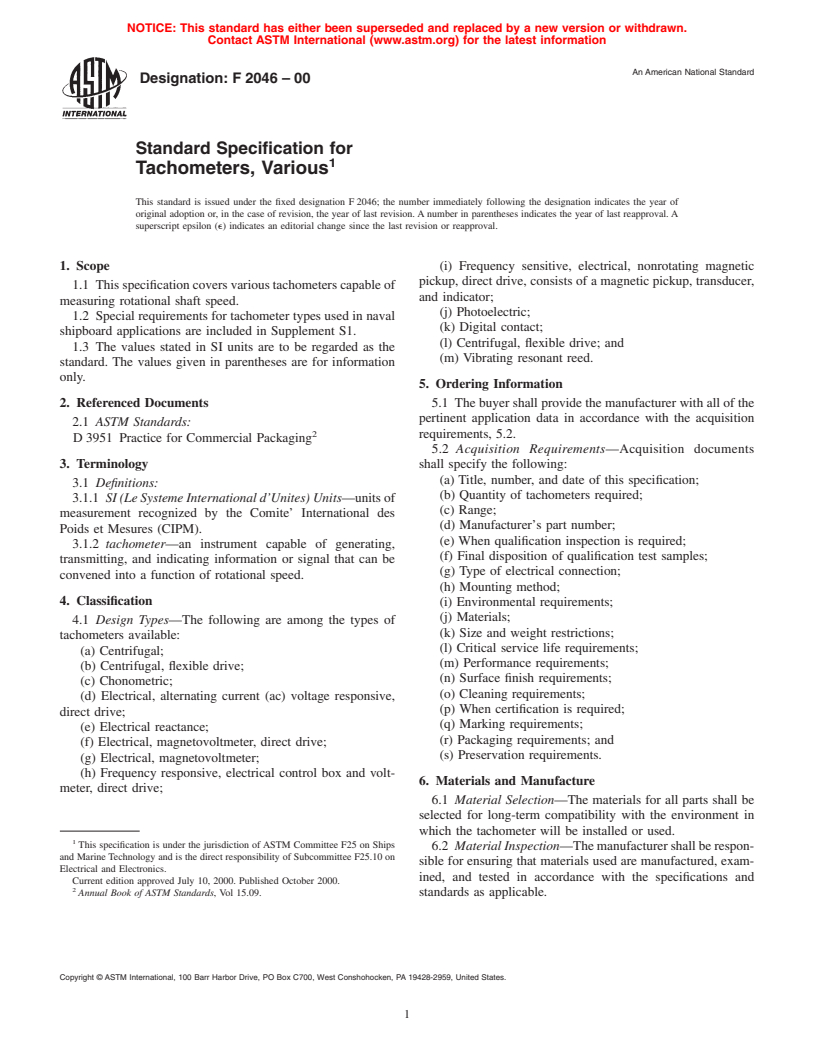 ASTM F2046-00 - Standard Specification for Tachometers, Various