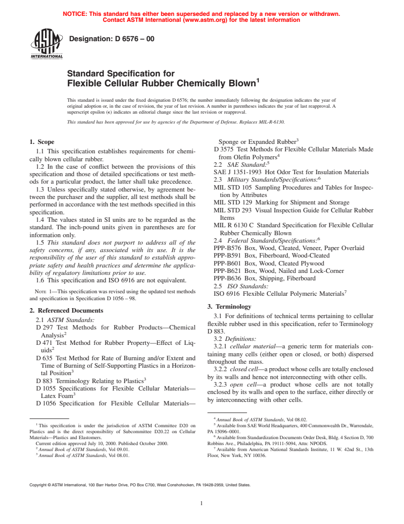 ASTM D6576-00 - Standard Specification for Flexible Cellular Rubber Chemically Blown