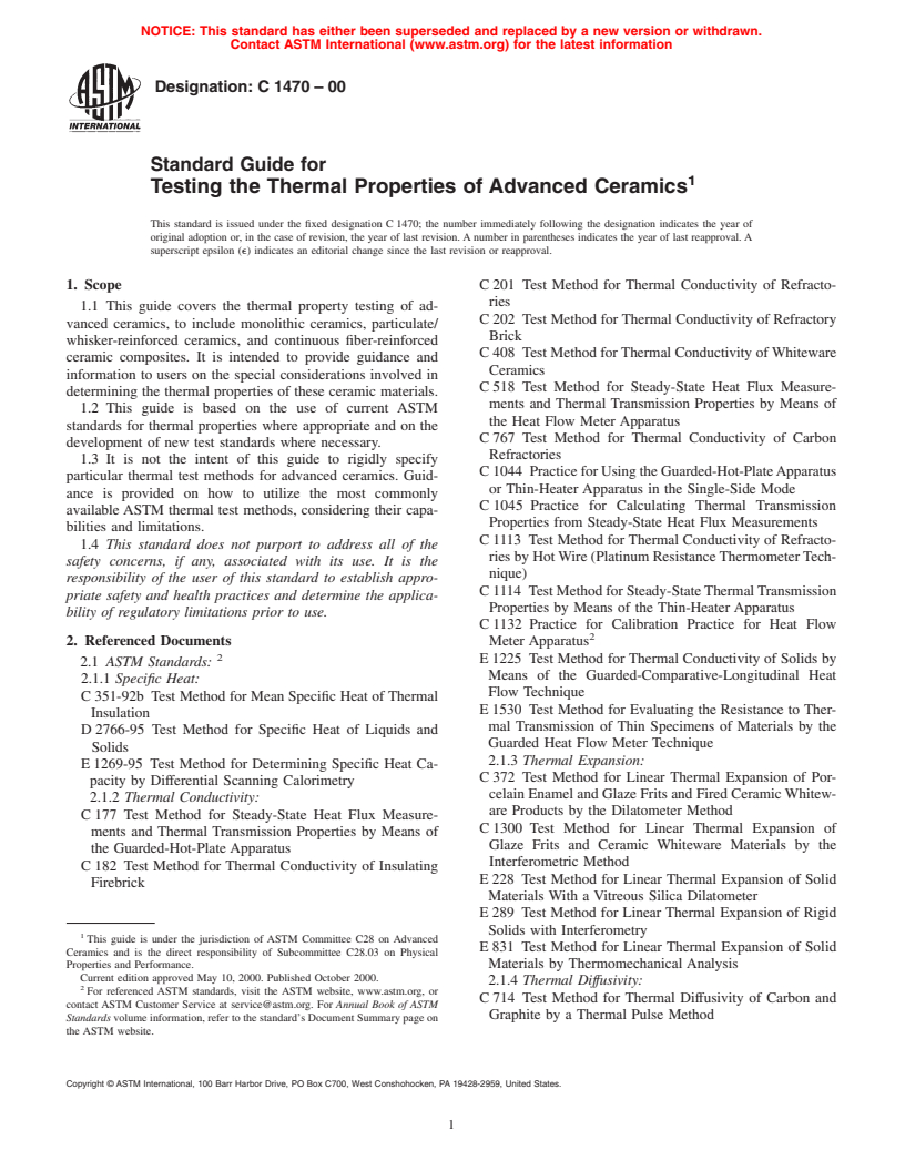 ASTM C1470-00 - Standard Guide for Testing the Thermal Properties of Advanced Ceramics