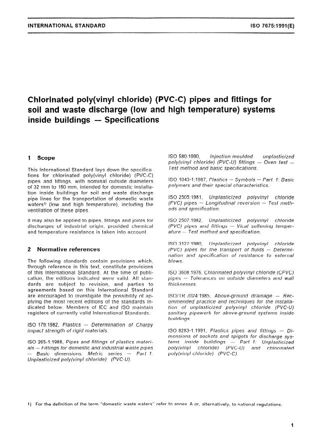 ISO 7675:1991 - Chlorinated poly(vinyl chloride) (PVC-C) pipes and fittings for soil and waste discharge (low and high temperature) systems inside buildings -- Specifications