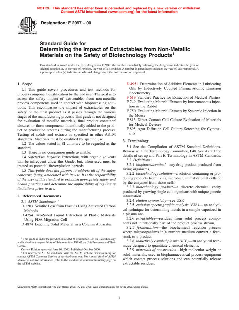 ASTM E2097-00 - Standard Guide for Determining the Impact of Extractables from Non-Metallic Materials on the Safety of Biotechnology Products