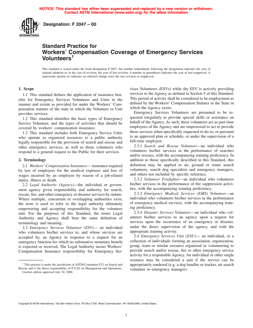 ASTM F2047-00 - Standard Practice for Workers' Compensation Coverage of Emergency Services Volunteers