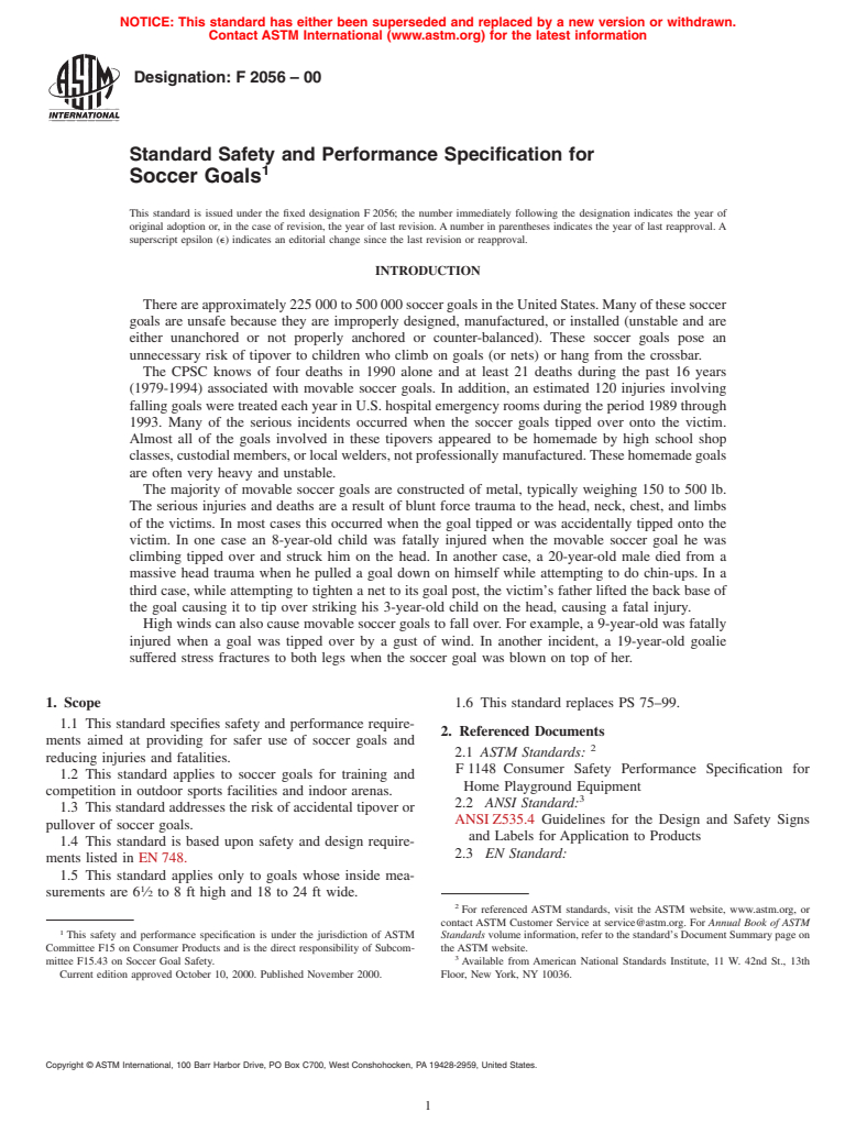 ASTM F2056-00 - Standard Safety and Performance Specification for Soccer Goals (Withdrawn 2009)