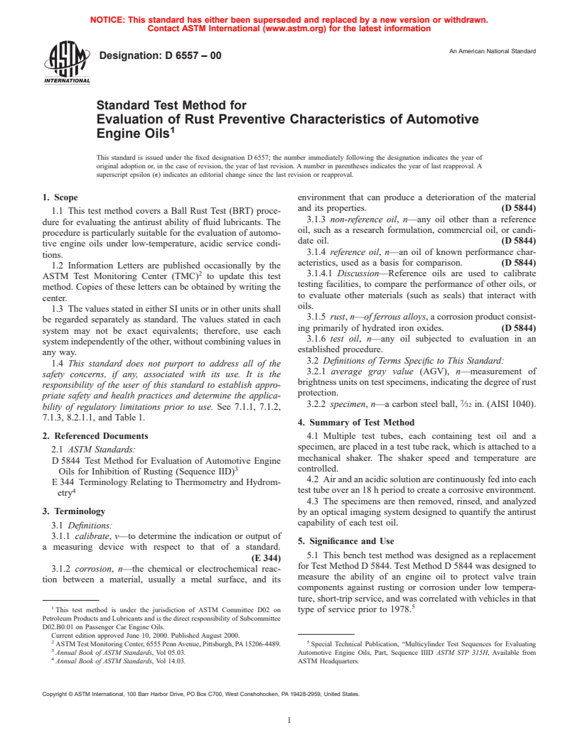 ASTM D6557-00 - Standard Test Method for Evaluation of Rust Preventive Characteristics of Automotive Engine Oils