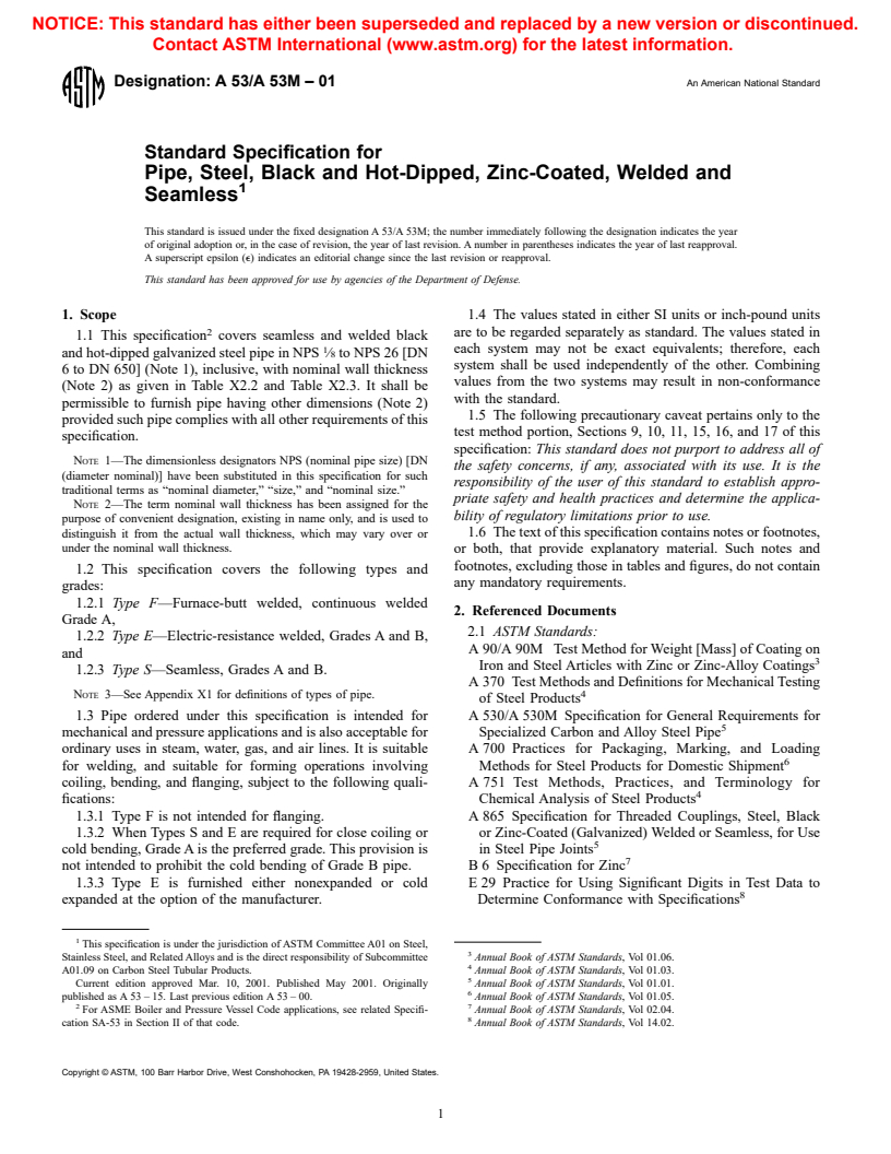 ASTM A53/A53M-01 - Standard Specification for Pipe, Steel, Black and Hot-Dipped, Zinc-Coated, Welded and Seamless