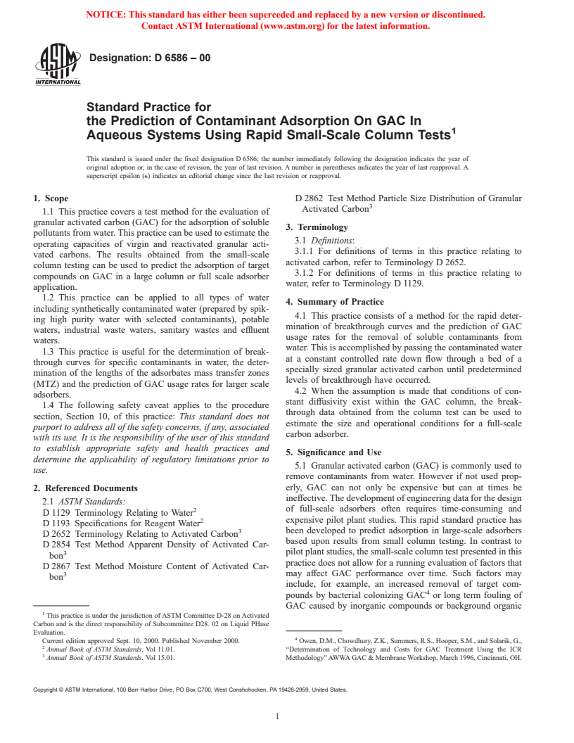 ASTM D6586-00 - Standard Practice for the Prediction of Contaminant Adsorption On GAC In Aqueous Systems Using Rapid Small-Scale Column Tests