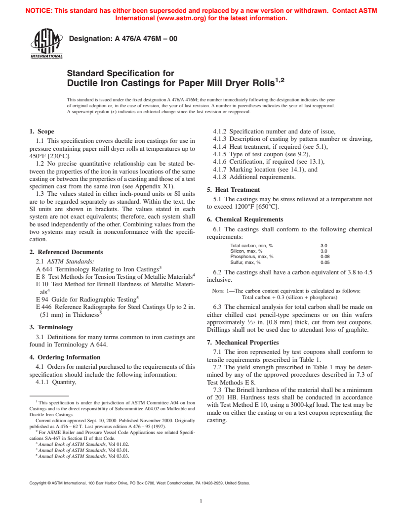 ASTM A476/A476M-00 - Standard Specification for Ductile Iron Castings for Paper Mill Dryer Rolls