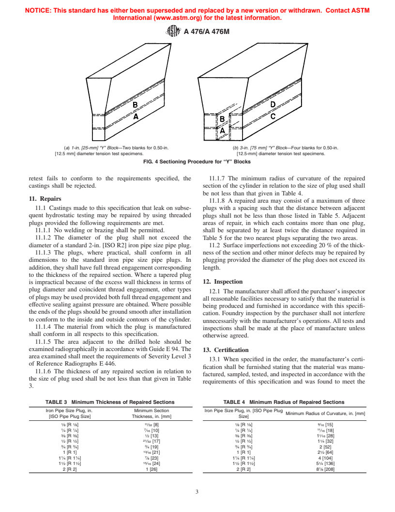 ASTM A476/A476M-00 - Standard Specification for Ductile Iron Castings for Paper Mill Dryer Rolls