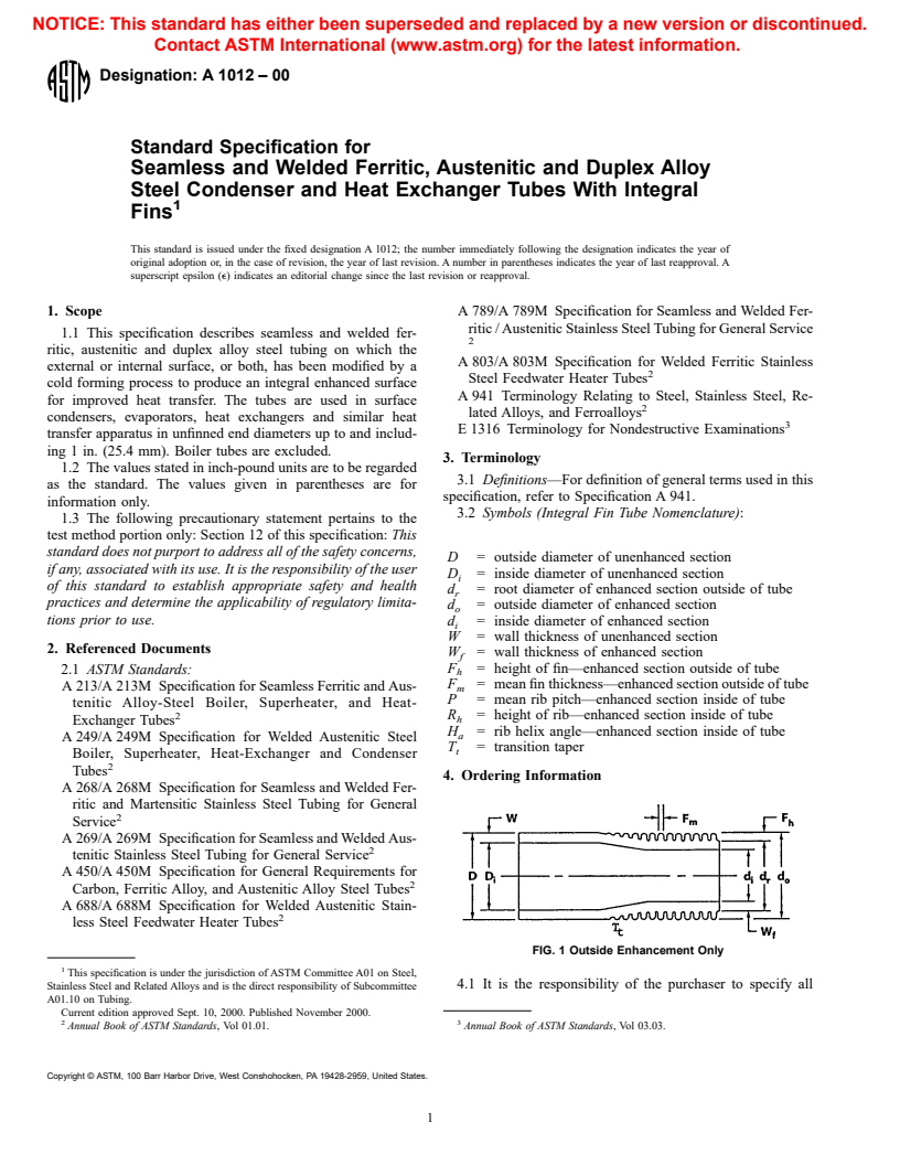 ASTM A1012-00 - Standard Specification for Seamless and Welded Ferritic, Austenitic and Duplex Alloy Steel Condenser and Heat Exchanger Tubes With Integral Fins