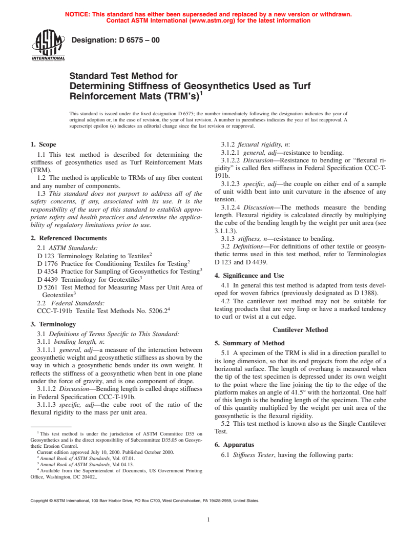 ASTM D6575-00 - Standard Test Method for Determining Stiffness of Geosynthetics Used as Turf Reinforcement Mats (TRM's)