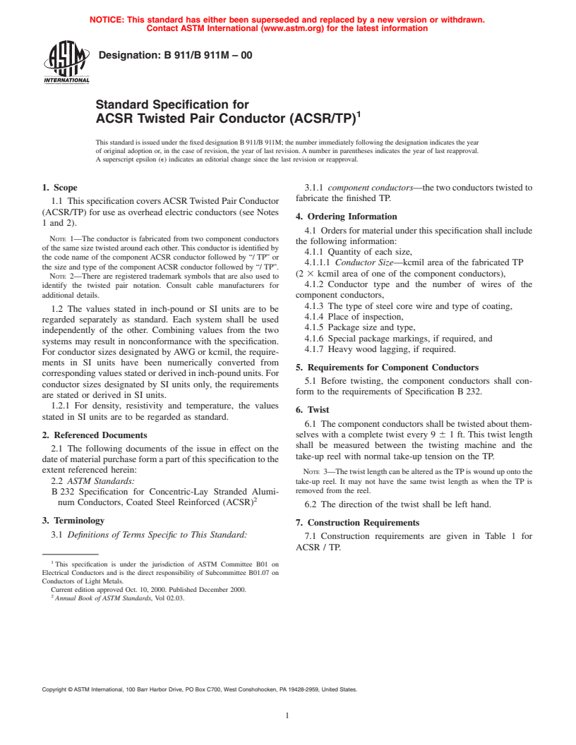 ASTM B911/B911M-00 - Standard Specification for ACSR Twisted Pair Conductor (ACSR/TP)