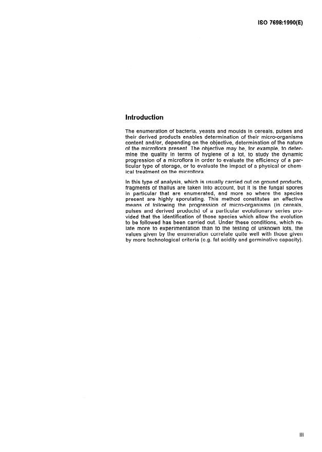 ISO 7698:1990 - Cereals, pulses and derived products -- Enumeration of bacteria, yeasts and moulds