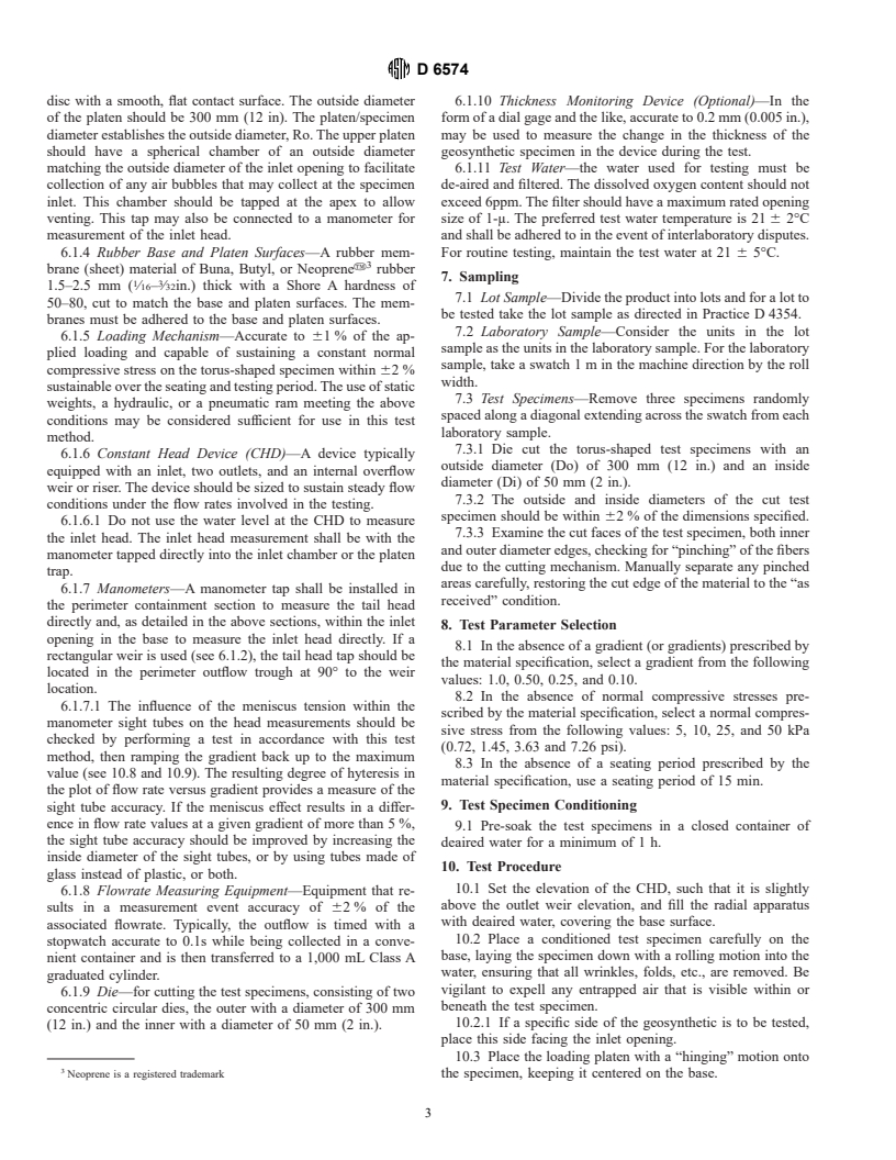 ASTM D6574-00 - Test Method for Determining the (In-Plane) Hydraulic Transmissivity of a Geosynthetic by Radial Flow