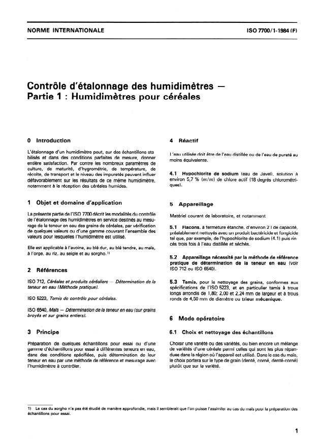 ISO 7700-1:1984 - Contrôle d'étalonnage des humidimetres