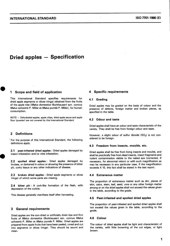 ISO 7701:1986 - Dried apples -- Specification