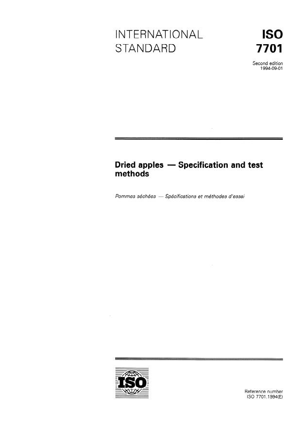 ISO 7701:1994 - Dried apples -- Specification and test methods